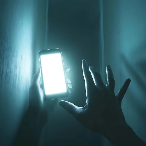 A hand holding a glowing phone in a dark room at night